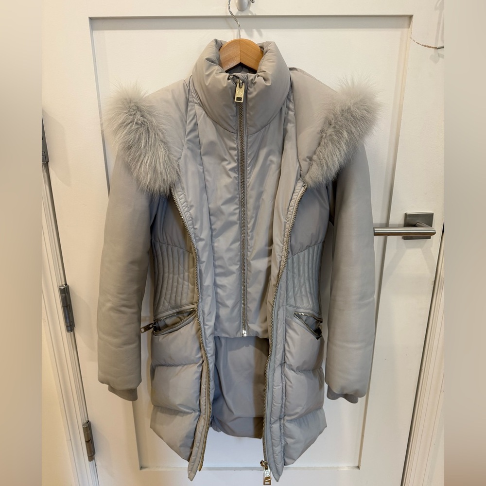 NB Series by Nicole Benisti Light Gray Quilted Puffer with Fur Trim